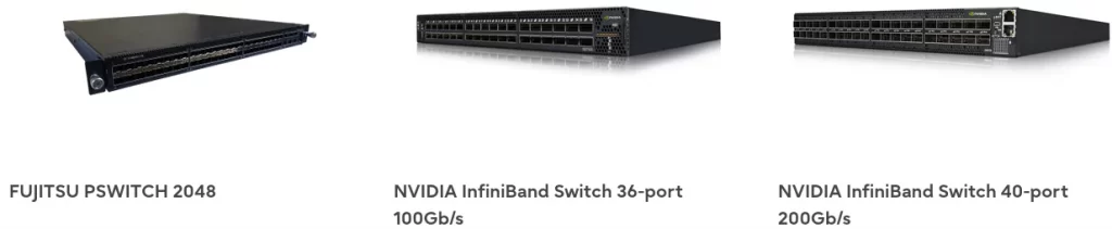 "Сетевые соммутаторы: FUJITSU PSWITCH 2048, NVIDIA InfiniBand Switch 36-port 100Gb/s, NVIDIA InfiniBand Switch 40-port 200Gb/s